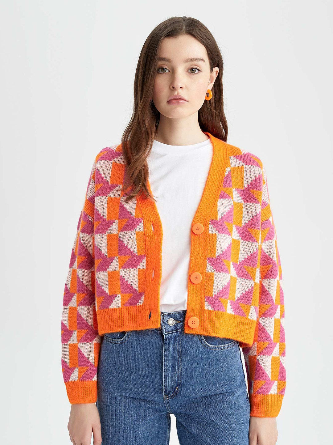 

DeFacto Women Orange & Red Printed Cardigan
