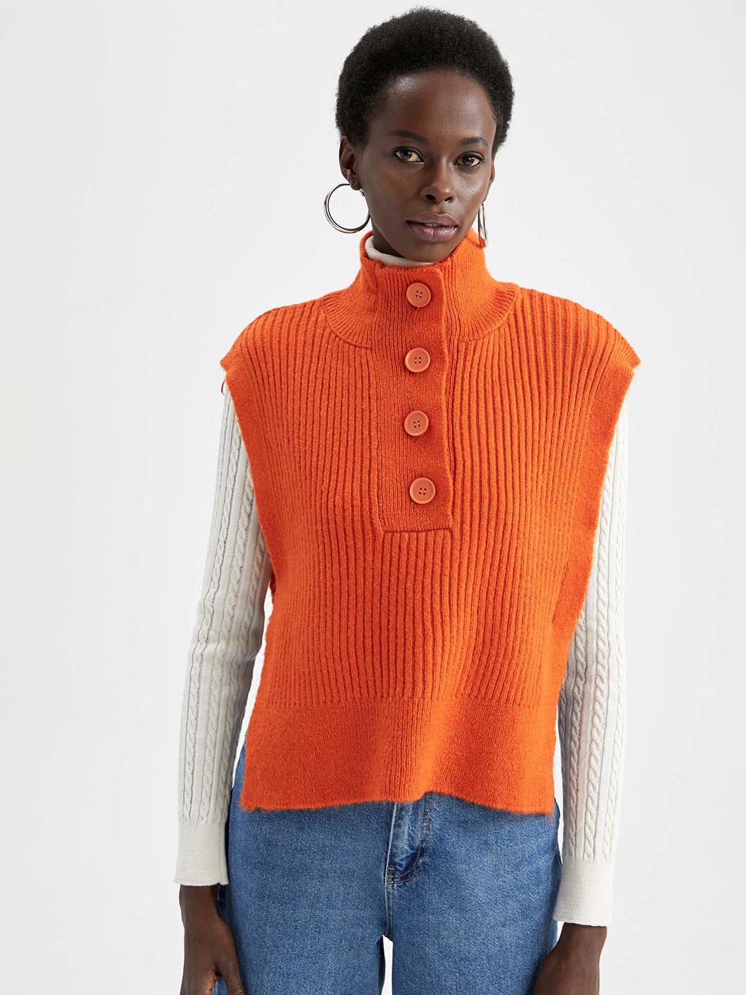 

DeFacto Women Orange Ribbed Turtle Neck Sweater Vest