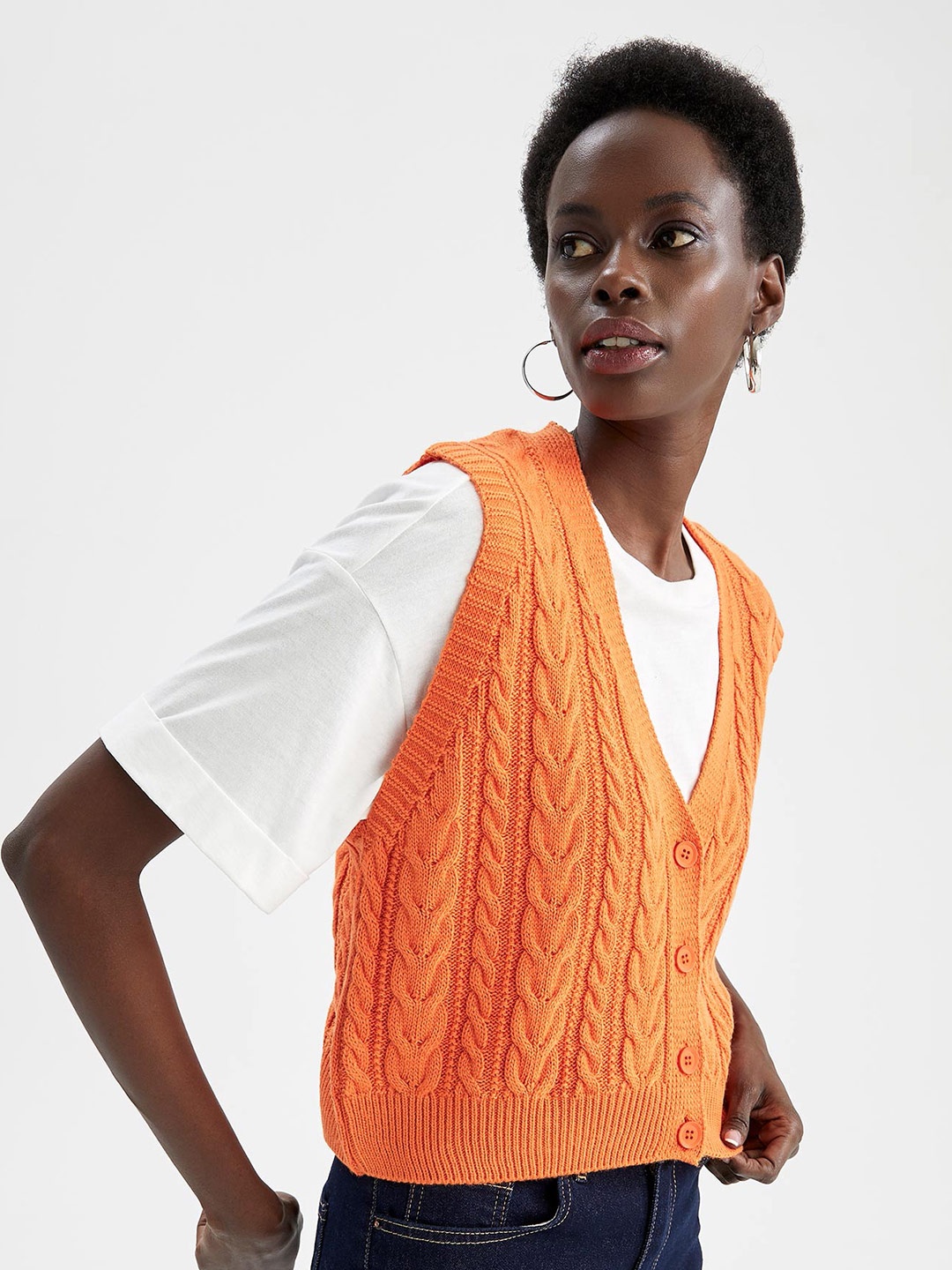 

DeFacto Women Orange Cable Knit Cardigan