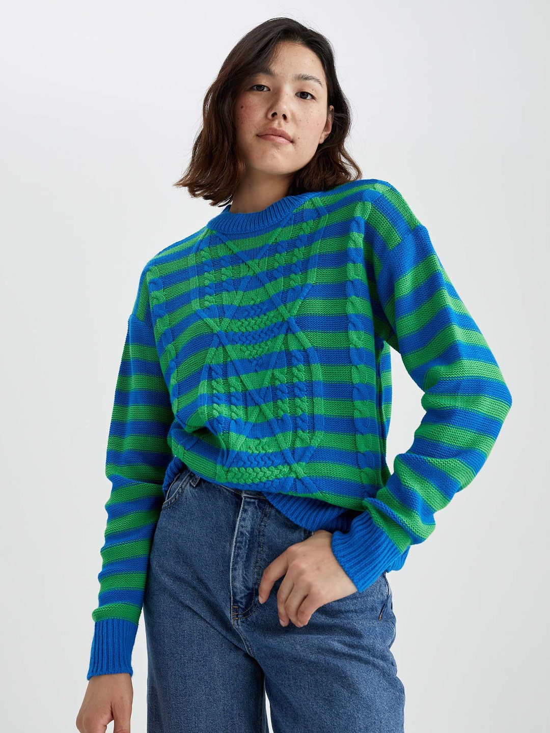 

DeFacto Women Blue & Green Striped Pullover Sweater