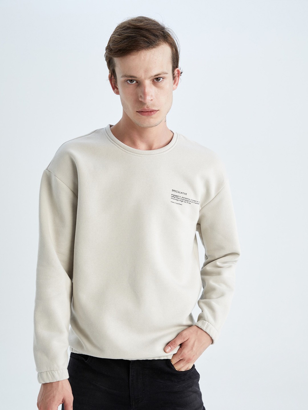 

DeFacto Men Beige Solid Sweatshirt