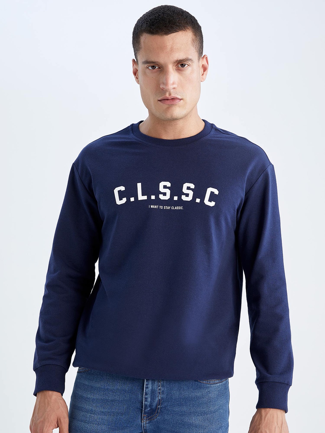 

DeFacto Men Navy Blue Printed Sweatshirt