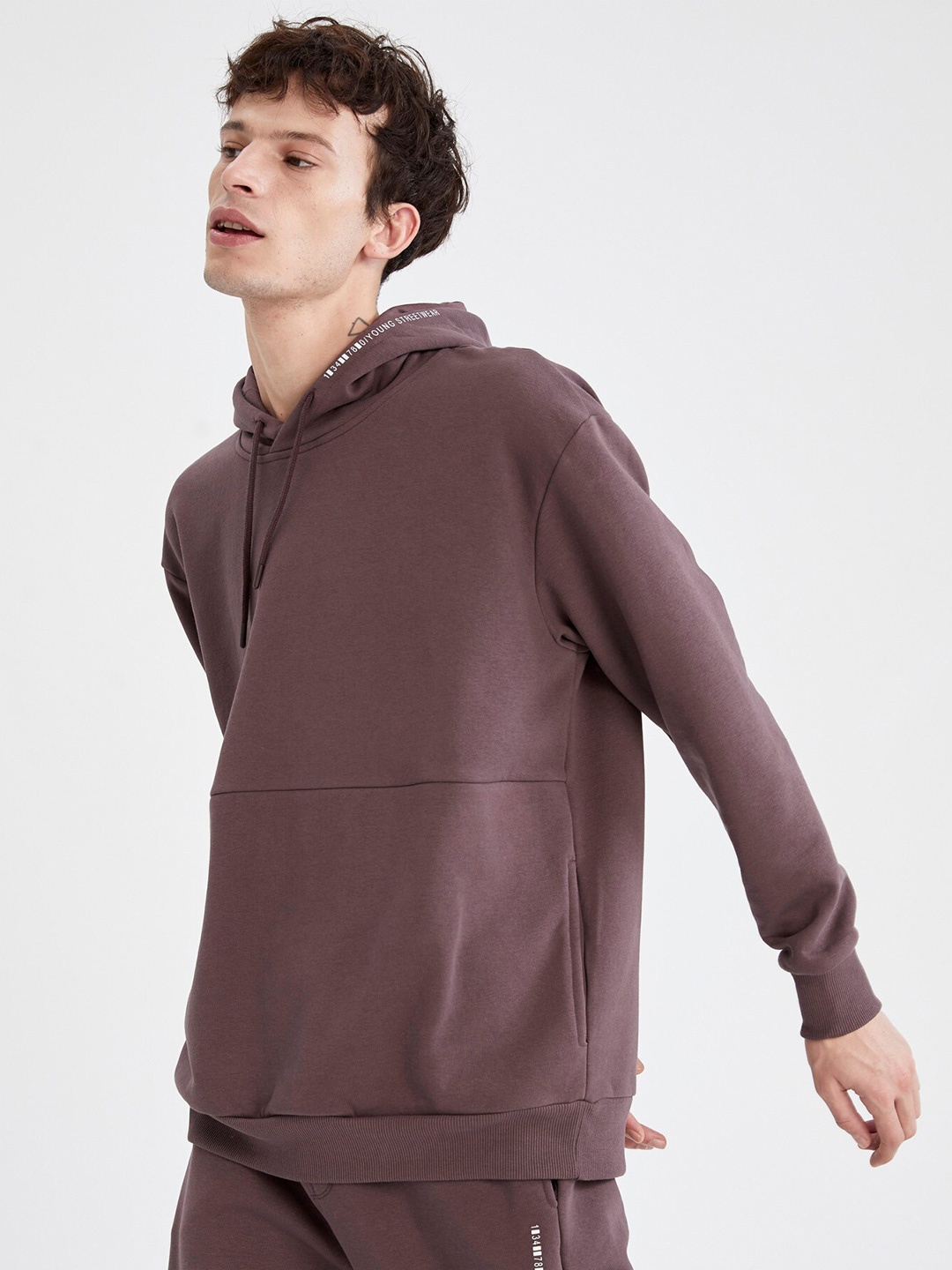 

DeFacto Men Mauve Solid Hooded Sweatshirt