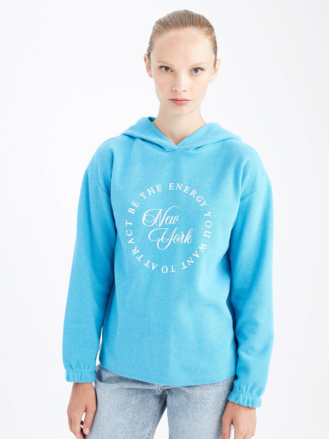 

DeFacto Women Turquoise Blue Printed Hooded Sweatshirt