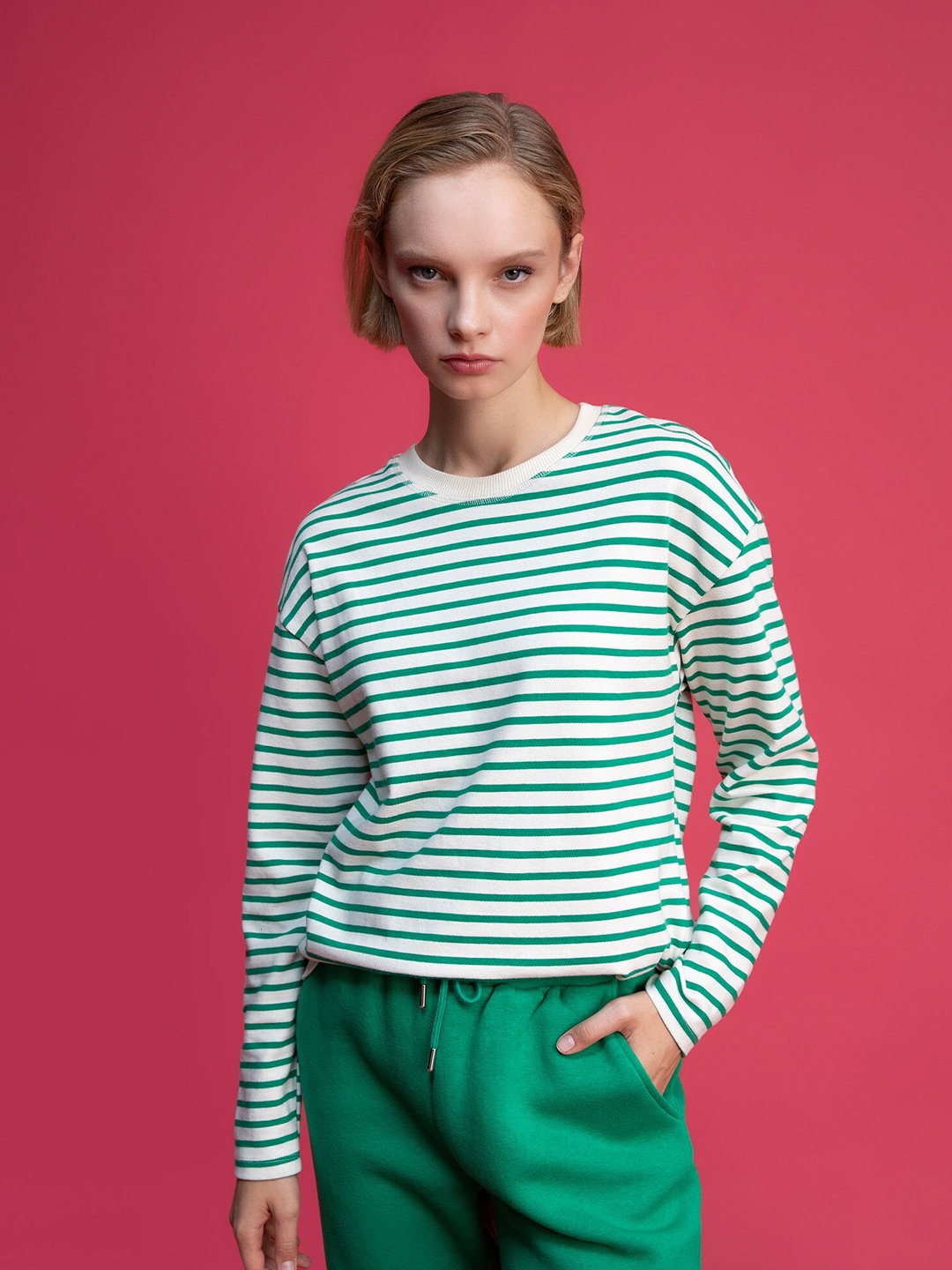 

DeFacto Women Green Striped Cotton Sweatshirt