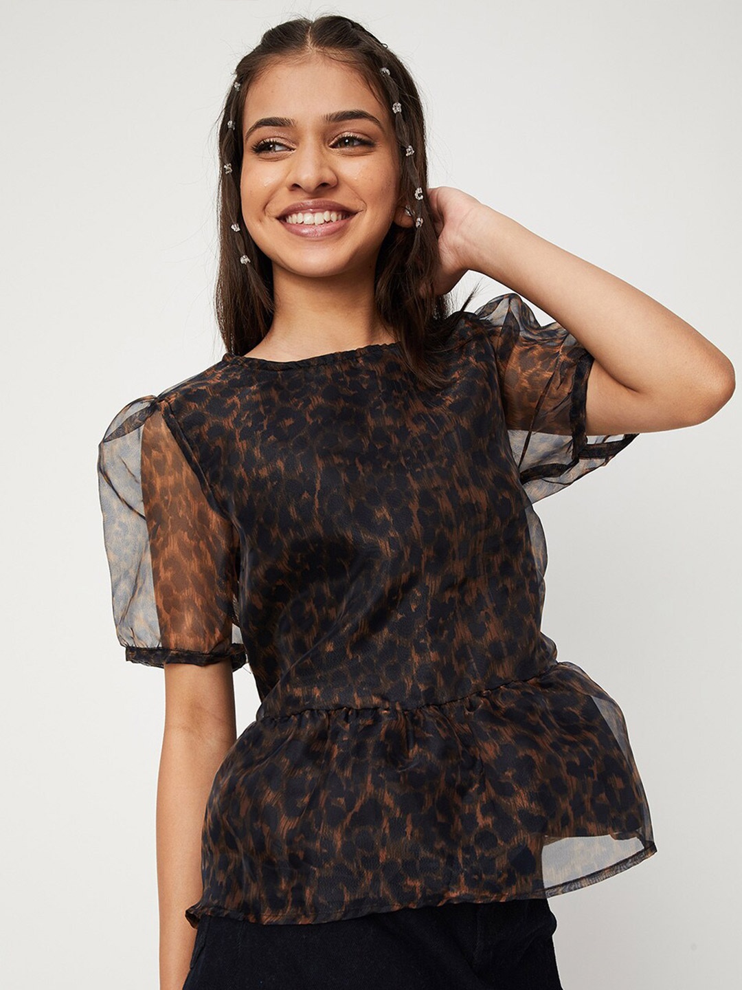 

max Girls Black Animal Print Peplum Top