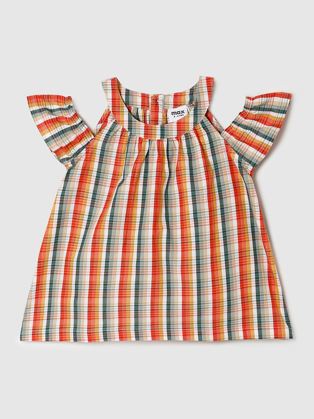 

max Girls Orange & Green Checked Pure Cotton Top