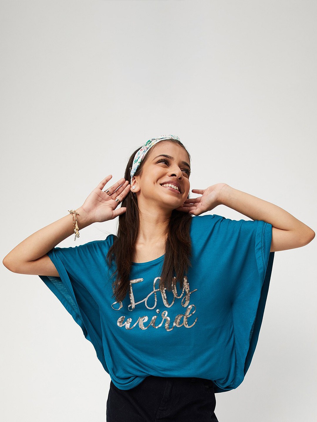 

max Girls Teal Printed Pure Cotton Boxy Top