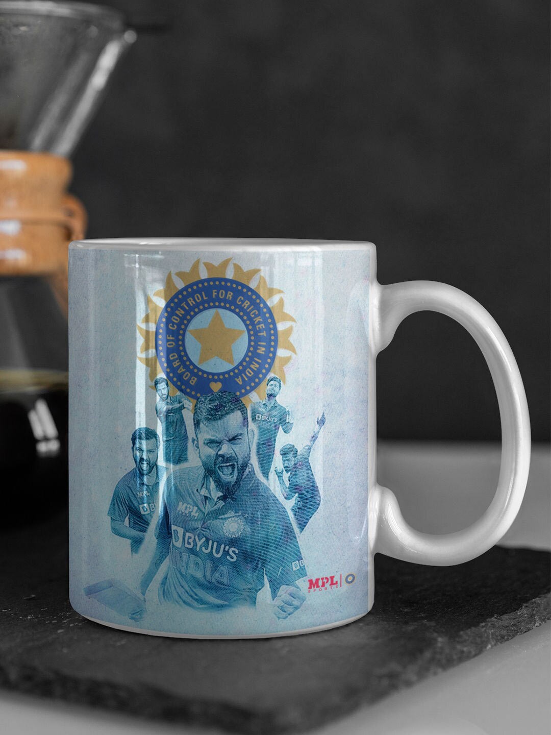 

macmerise White & Blue Virat And The Gang Design Printed Ceramic Matte Mug 330 ml