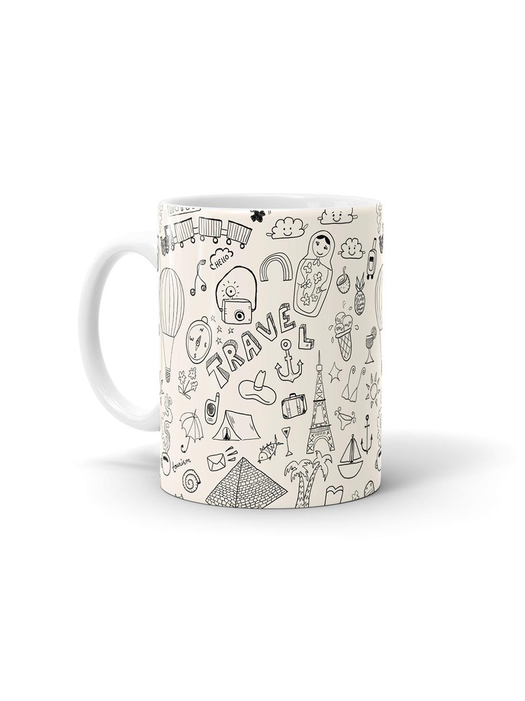 

macmerise Black & White Travel Doodle Design Printed Ceramic Matte Mug 330 ml