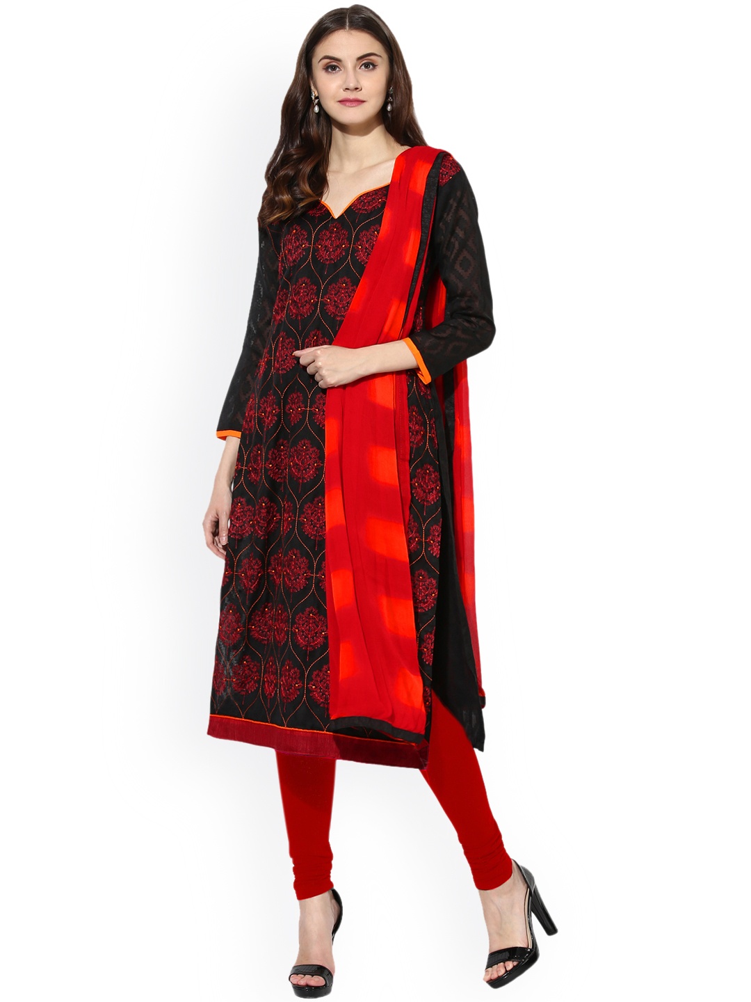 

Saree mall Black & Red Embroidered Unstitched Dress Material