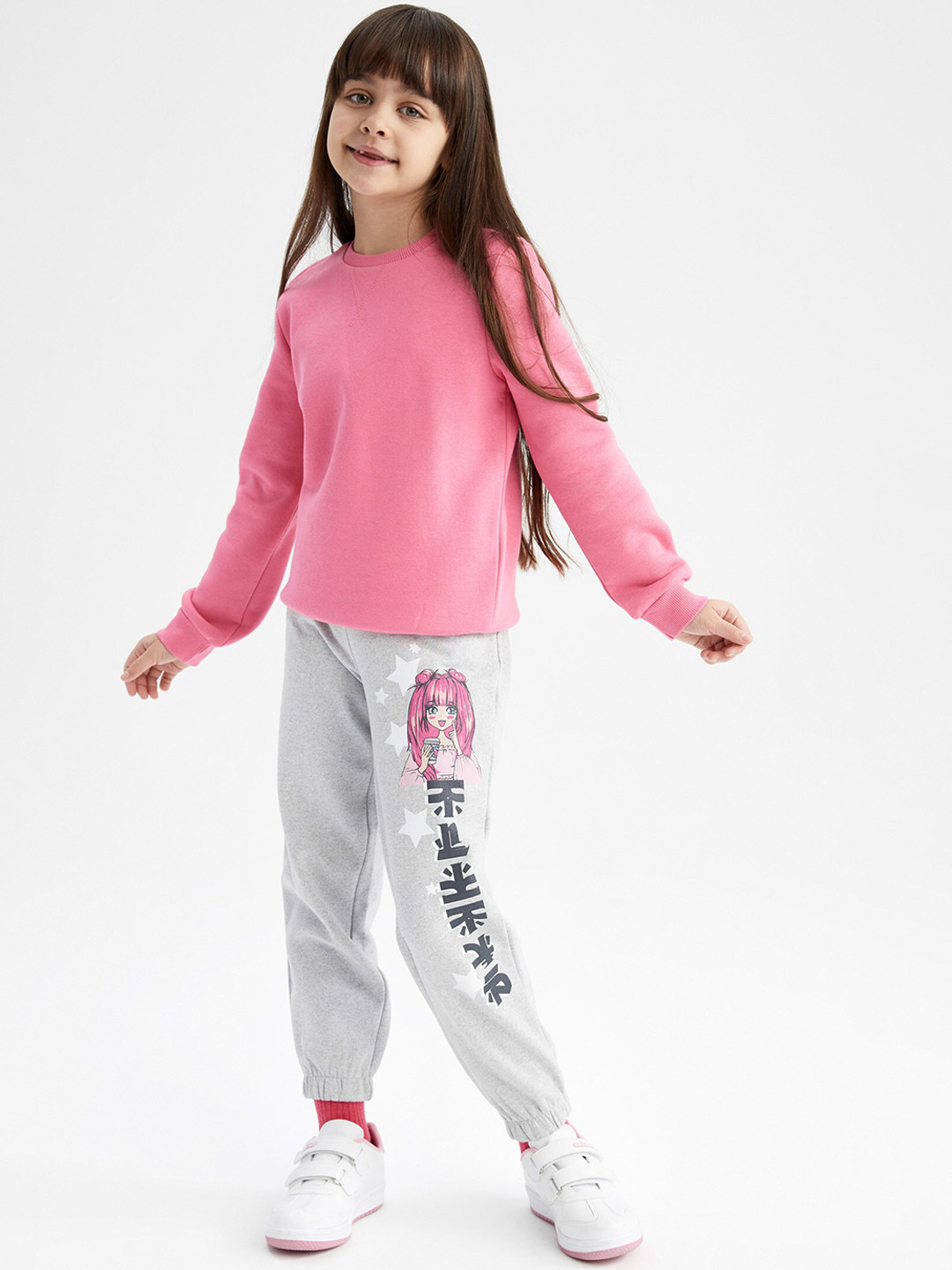 

DeFacto Girls Printed Joggers Trousers, Grey melange