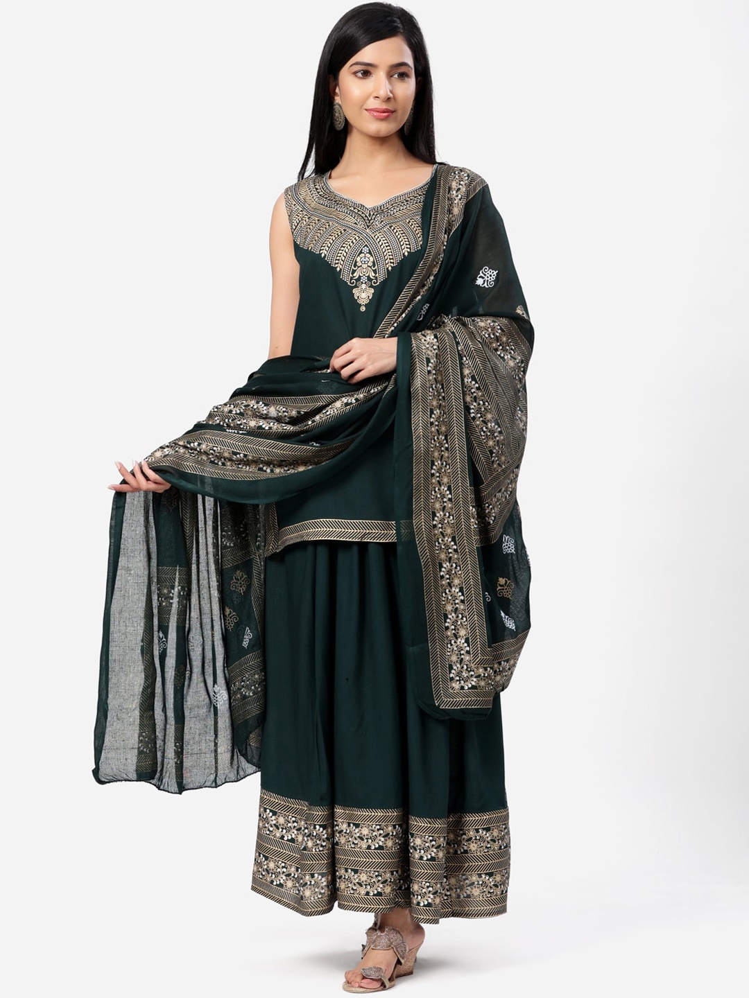 

SBR BABA KURTI Women Green Ethnic Motifs Yoke Design Kurta with Skirt & Dupatta