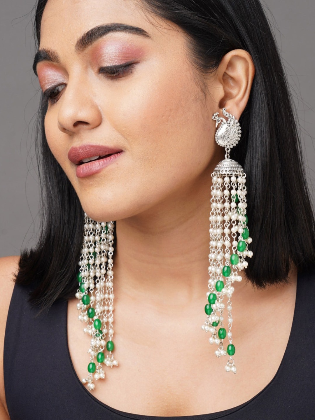 

Binnis Wardrobe White & Green Silver-Plated Peacock Shaped Drop Earrings