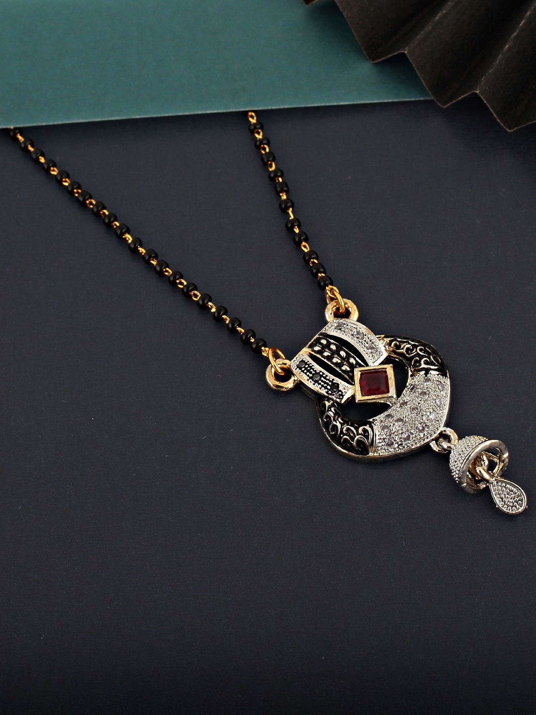 

LUCKY JEWELLERY Black & White AD-Studded & Beaded 18K Gold-Plated Mangalsutra