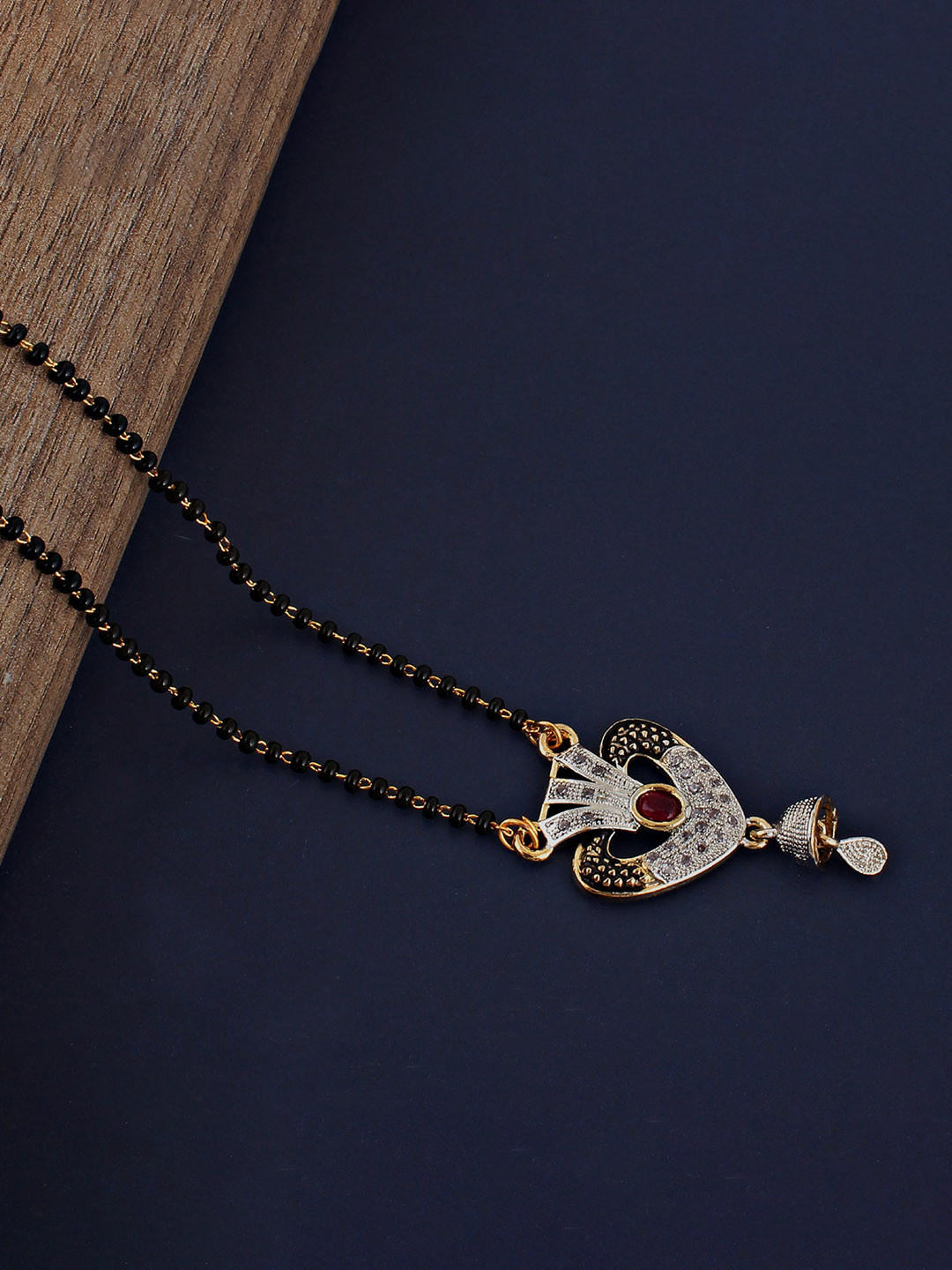 

LUCKY JEWELLERY Black & White AD-Studded & Beaded 18K Gold-Plated Mangalsutra