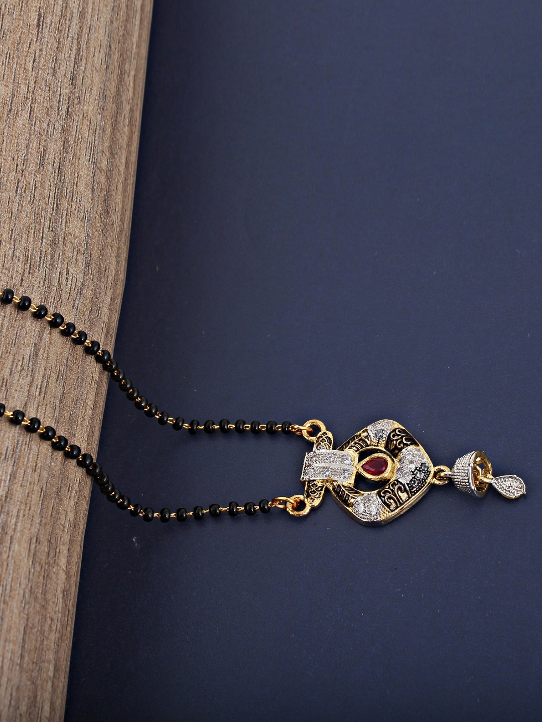 

LUCKY JEWELLERY Black & White AD-Studded & Beaded 18K Gold-Plated Mangalsutra