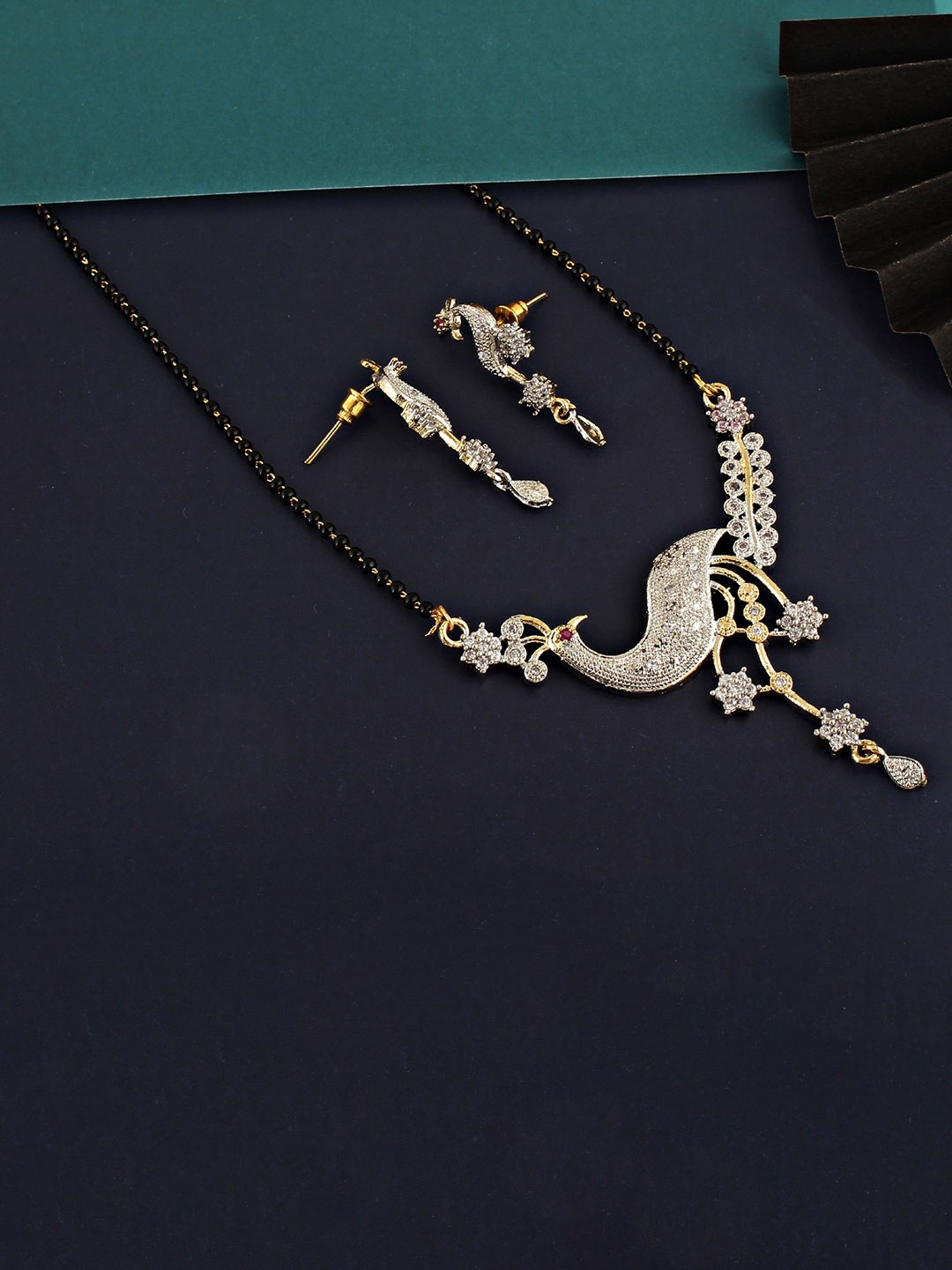

LUCKY JEWELLERY 18K Gold-Plated White & Black AD-Studded & Beaded Mangalsutra With Earrings