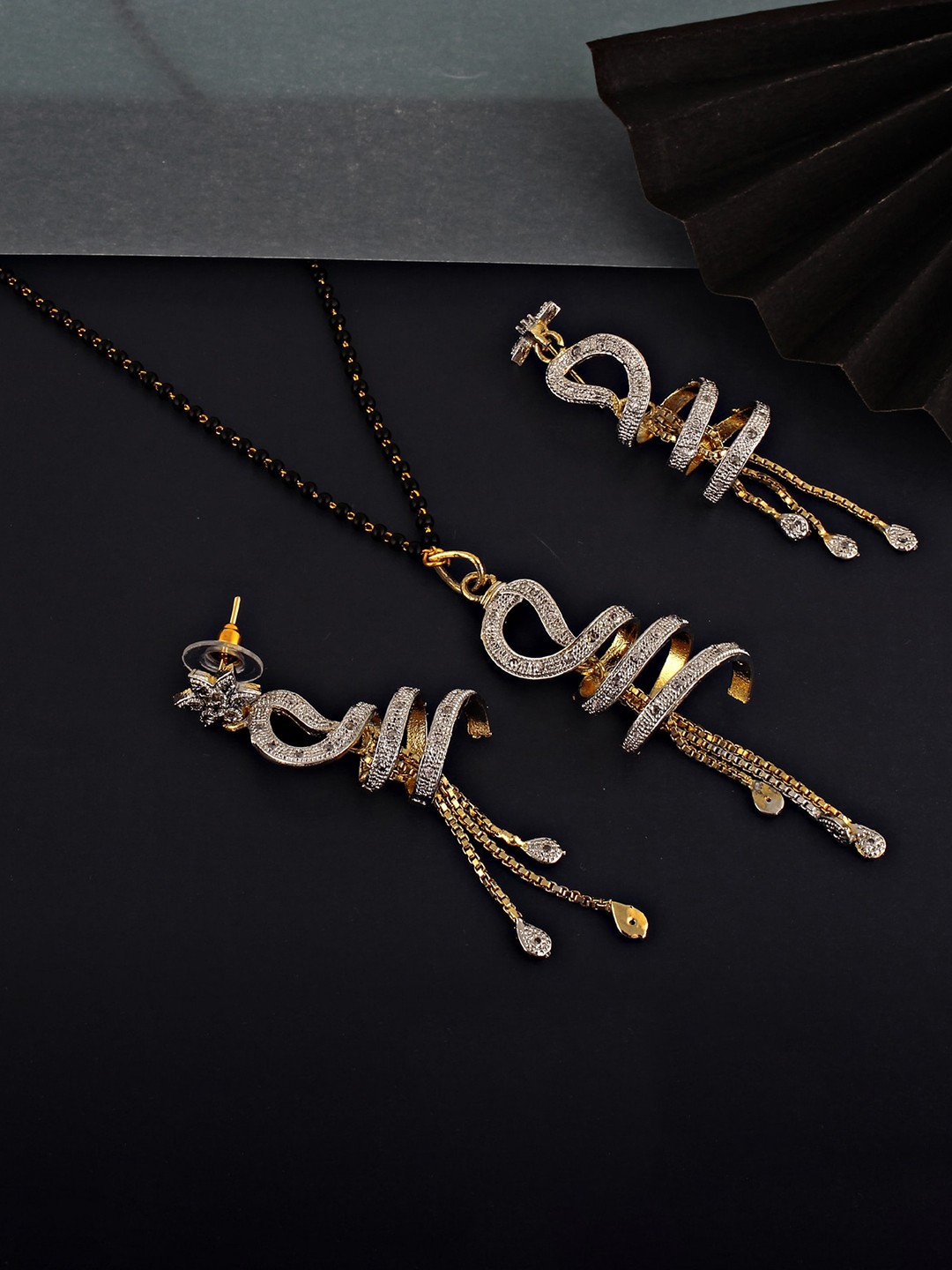 

LUCKY JEWELLERY 18K Gold-Plated White & Black AD Mangalsutra With Earrings