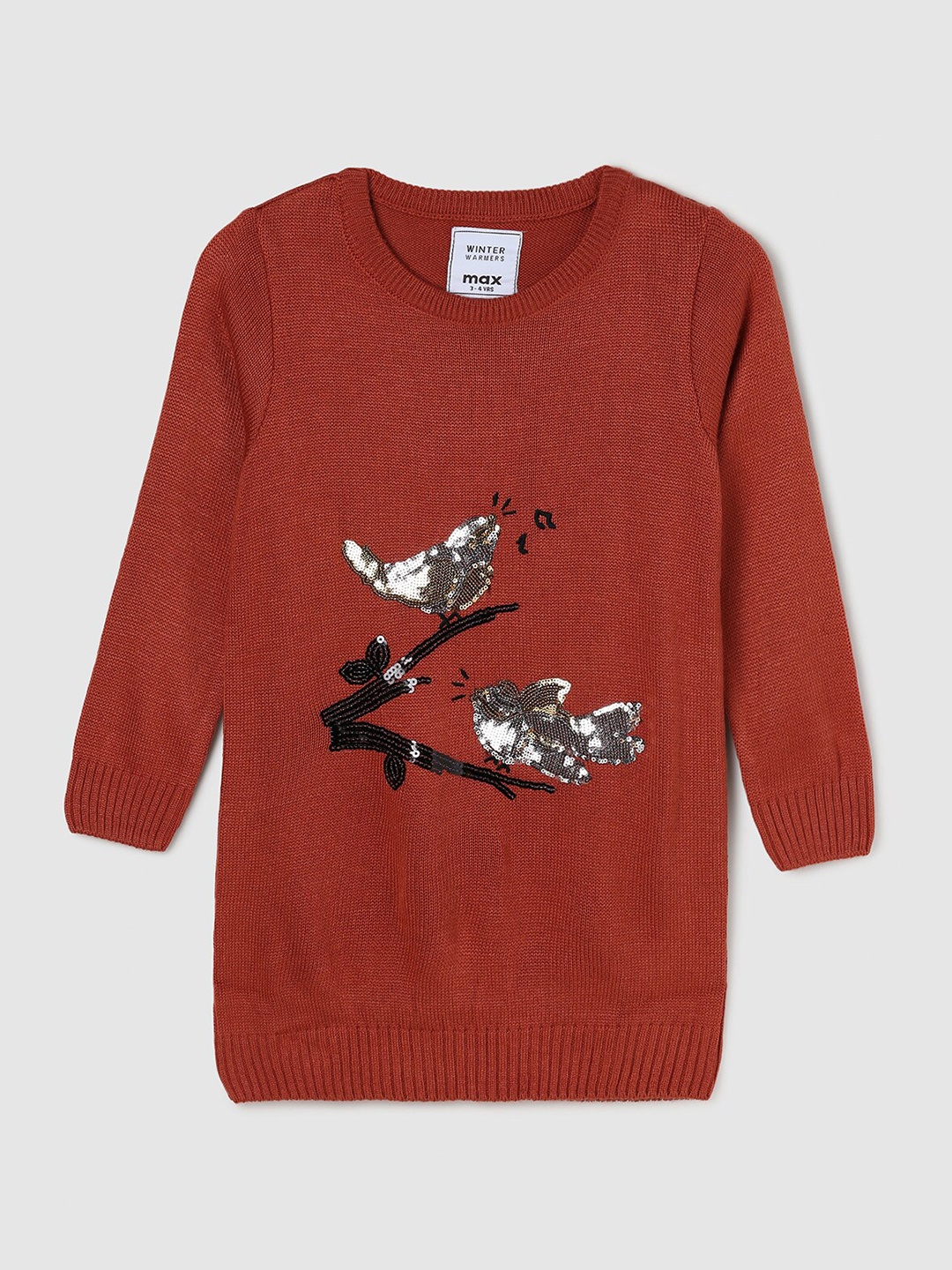 

max Girls Brown & Black Embroidered Longline Acrylic Pullover