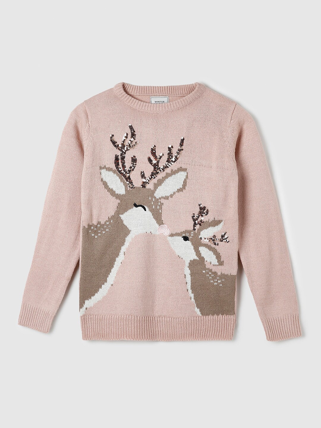 

max Girls Peach-Coloured & Brown Self Design Acrylic Pullover