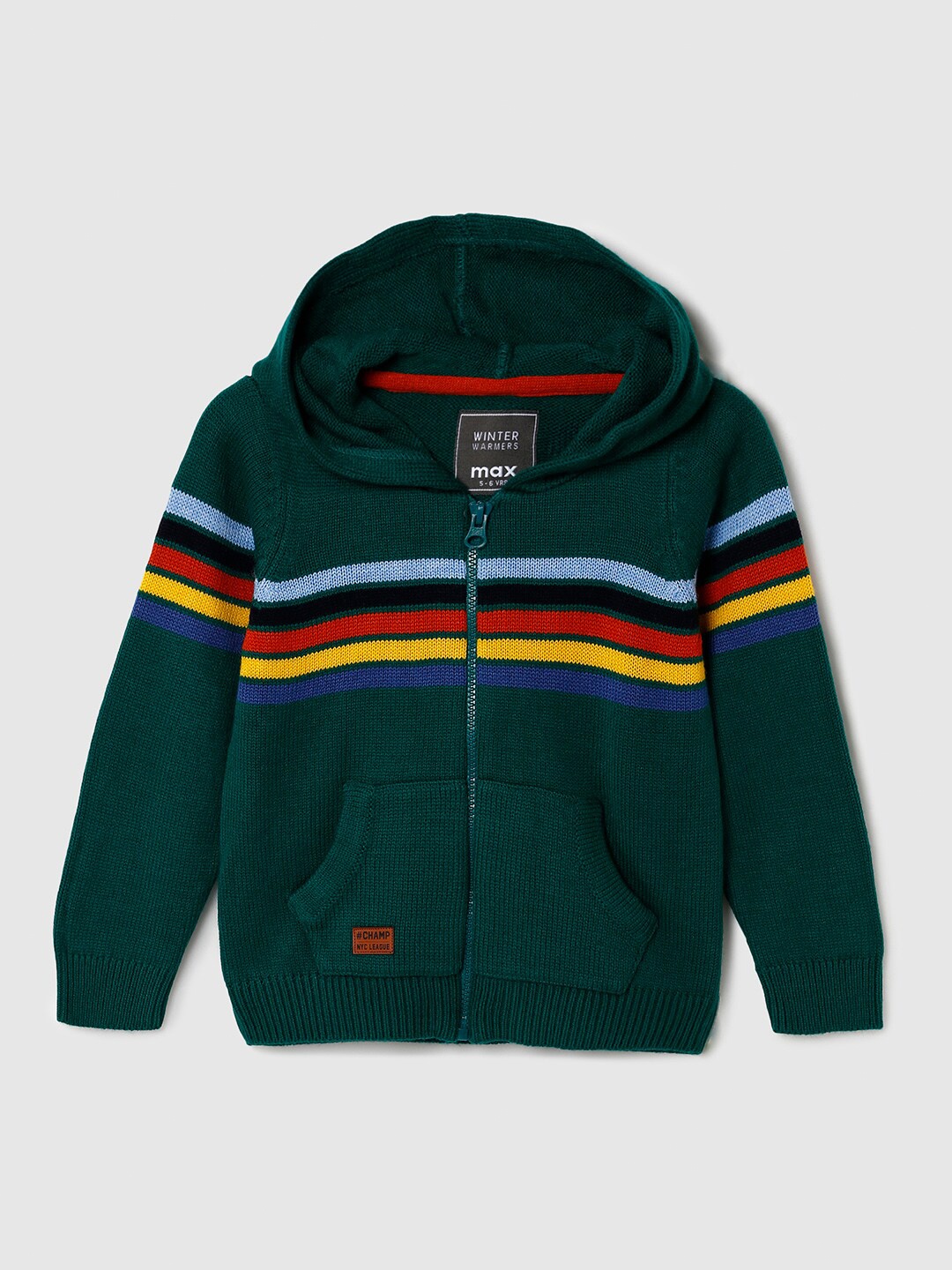 

max Boys Green & Blue Striped Front-Open Hooded Acrylic Sweater