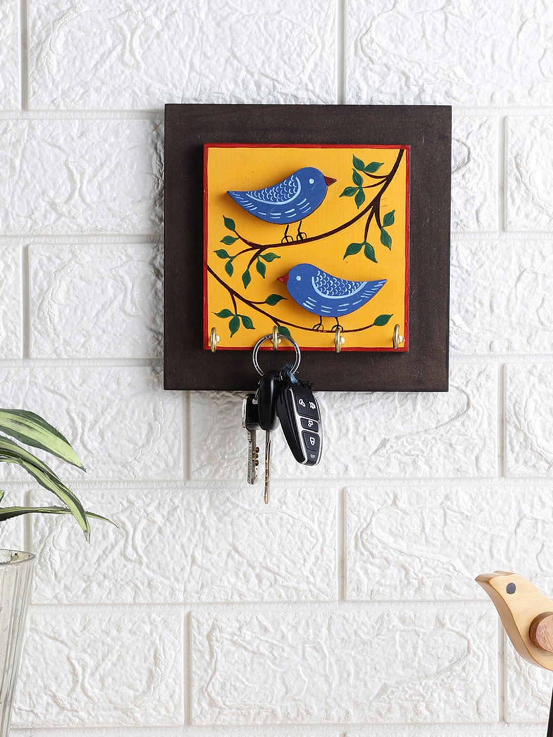 

VarEesha Blue & Yellow Hand Painted Bird Wooden Square Key Holder - Neel Collection