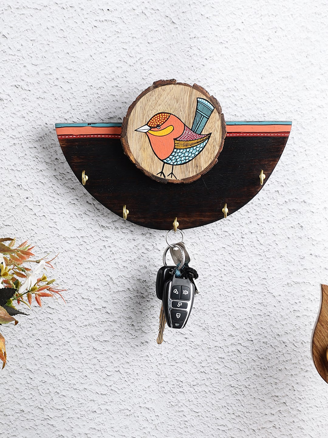 

VarEesha Brown & Blue Hand Painted Gond Art Mango Wood Semicircle Key Holder