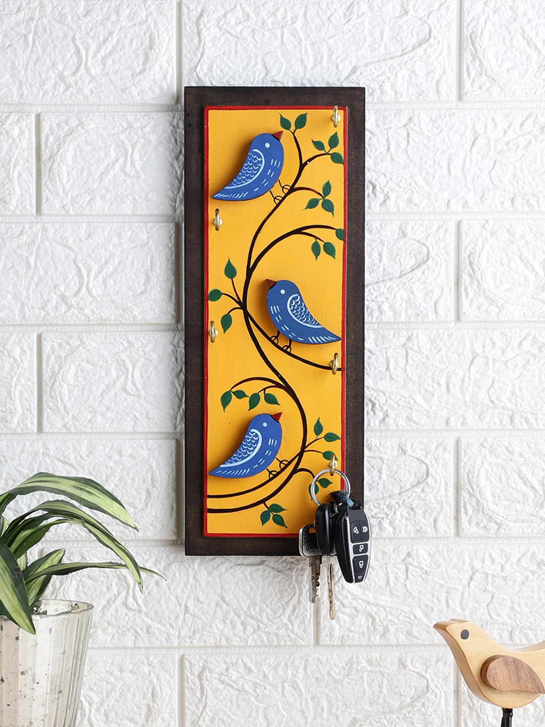 

VarEesha Blue & Yellow Hand Painted Birds Wooden Key Holders