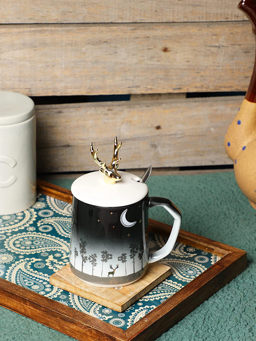 

AWAAS DECOR Black & White Dishwasher Safe Ceramic Glossy Mug And Stainless Spoon 400 ML