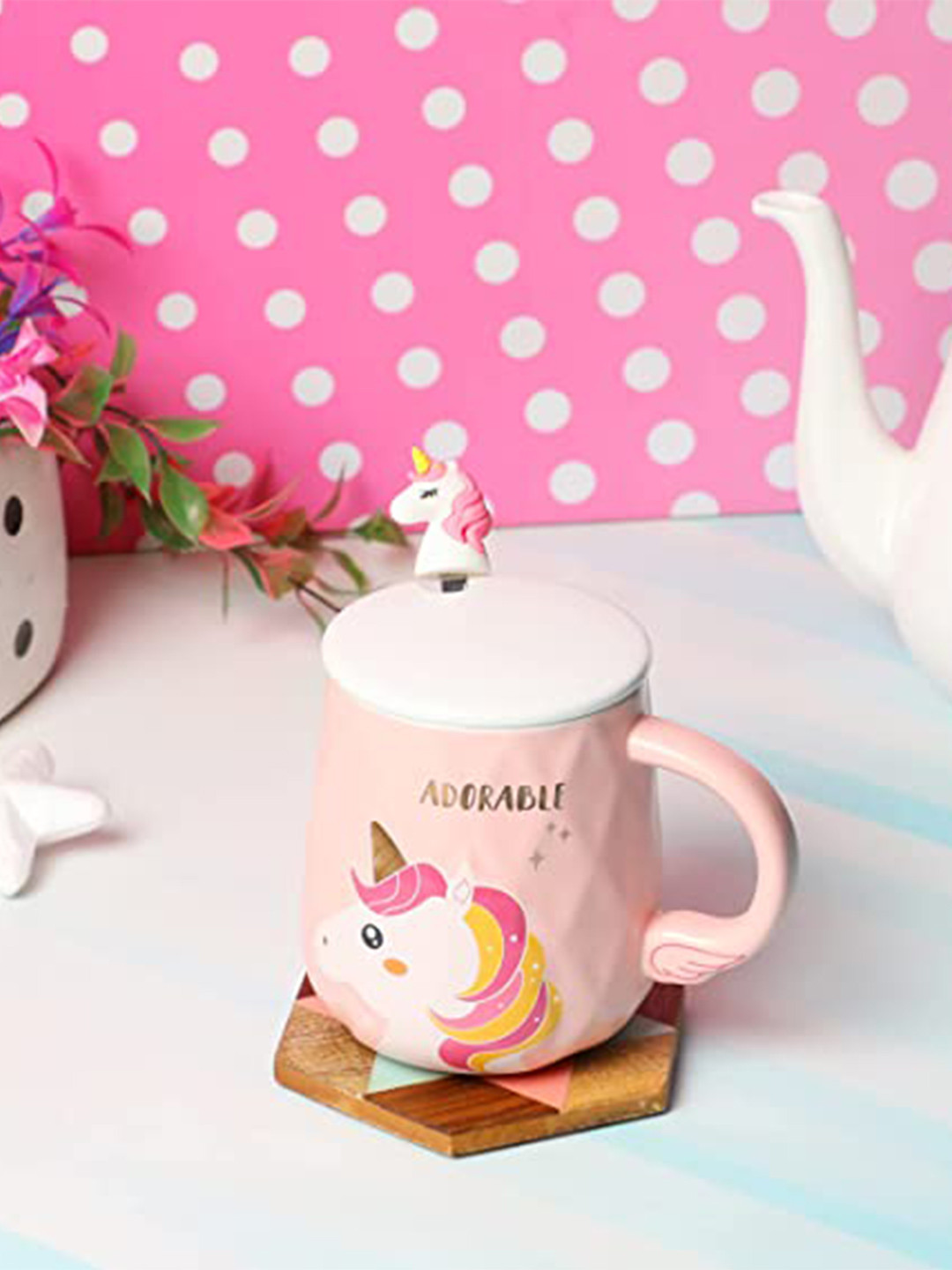 

AWAAS DECOR Pink & White Dishwasher Safe Unicorn Printed Ceramic Glossy Mug With Spoon