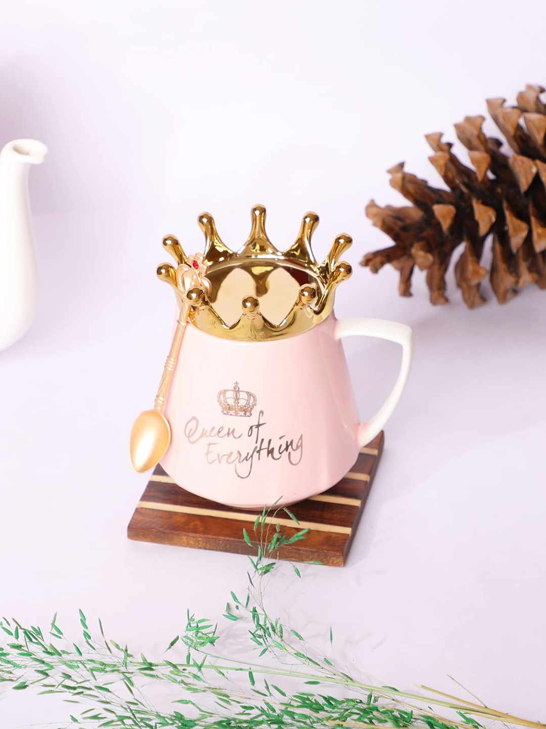 

AWAAS DECOR Pink & Gold Dishwasher Safe Printed Ceramic Glossy Mug With Spoon 400 ML