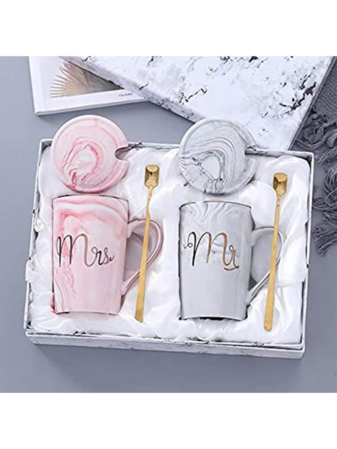 

AWAAS DECOR Set Of 2 Pink & Grey Printed Dishwasher safe Ceramic Mugs with Lid 440ml each
