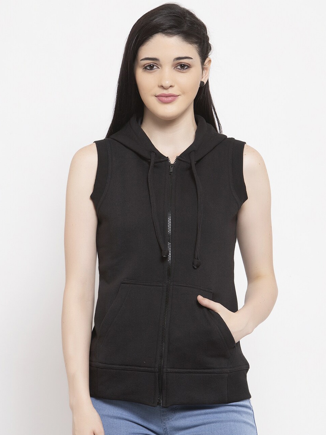 

UnaOne Women Black Solid Hooded Pure Cotton Sweatshirt