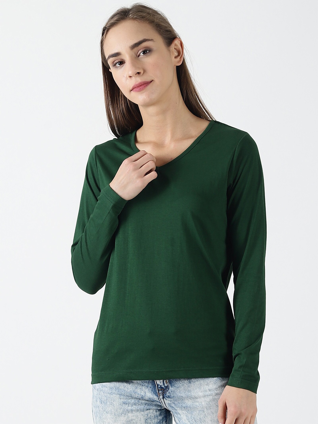 

Trends Tower Women Green V-Neck Cotton T-shirt