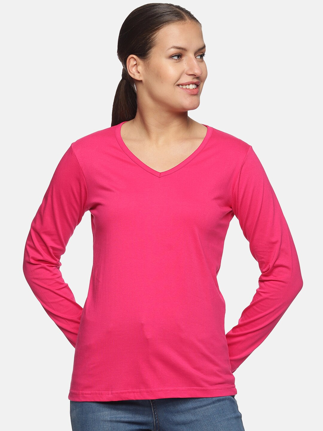 

Trends Tower Women Pink V-Neck Pure Cotton T-shirt