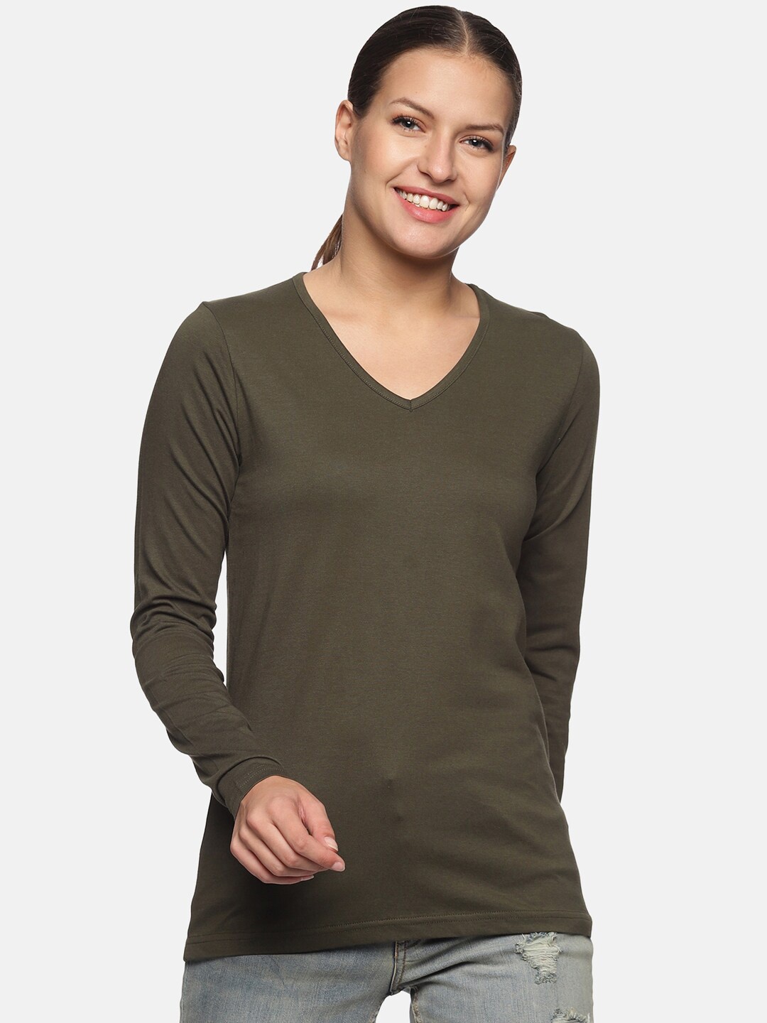 

Trends Tower Women Olive Green V-Neck Pure Cotton T-shirt