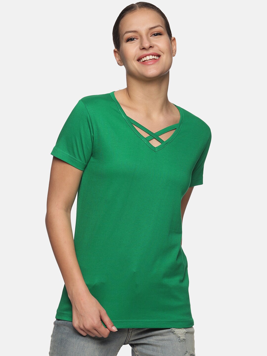 

Trends Tower Women Green V-Neck Pure Cotton T-shirt