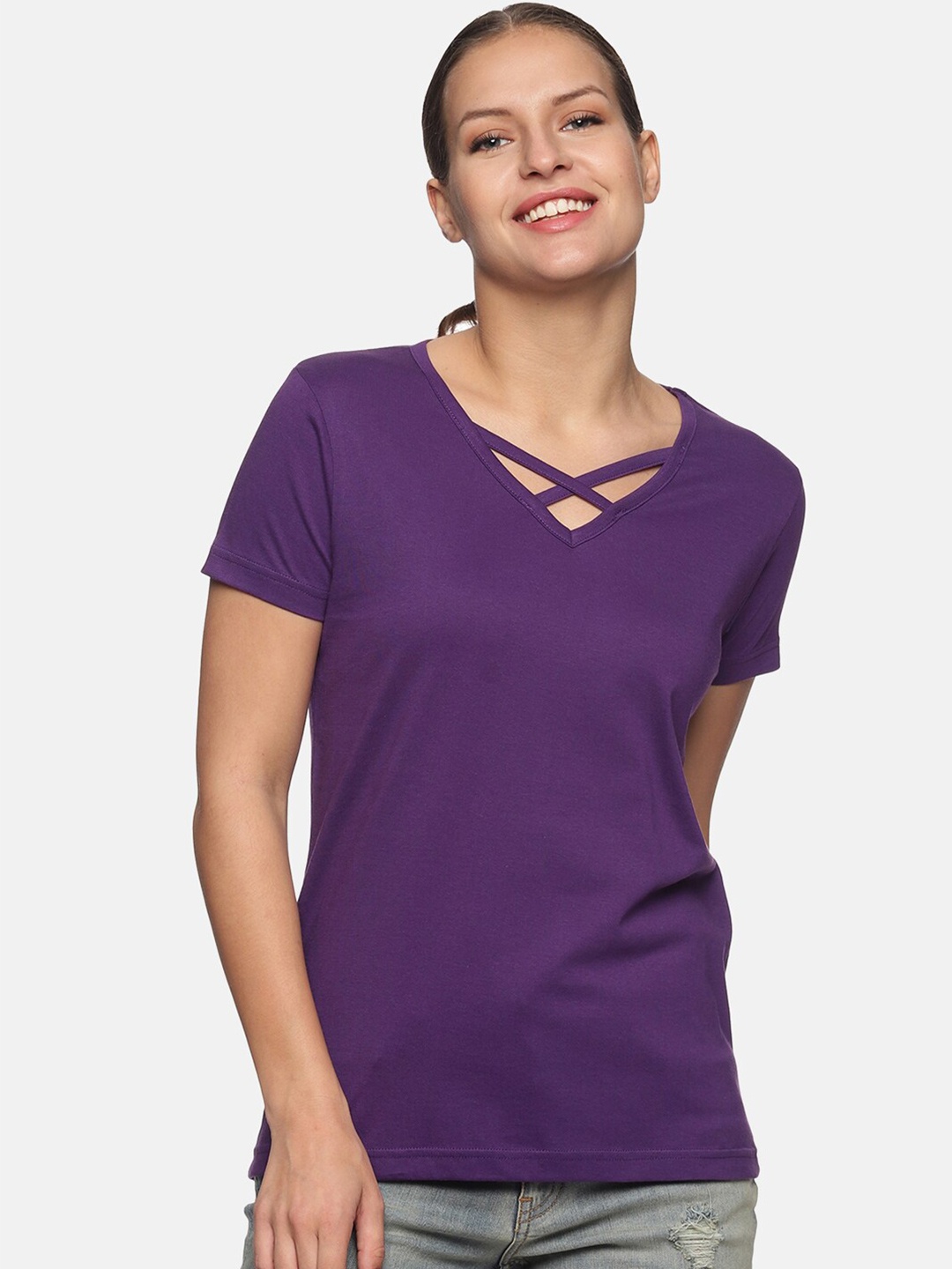 

Trends Tower Women Purple V-Neck Pure Cotton T-shirt