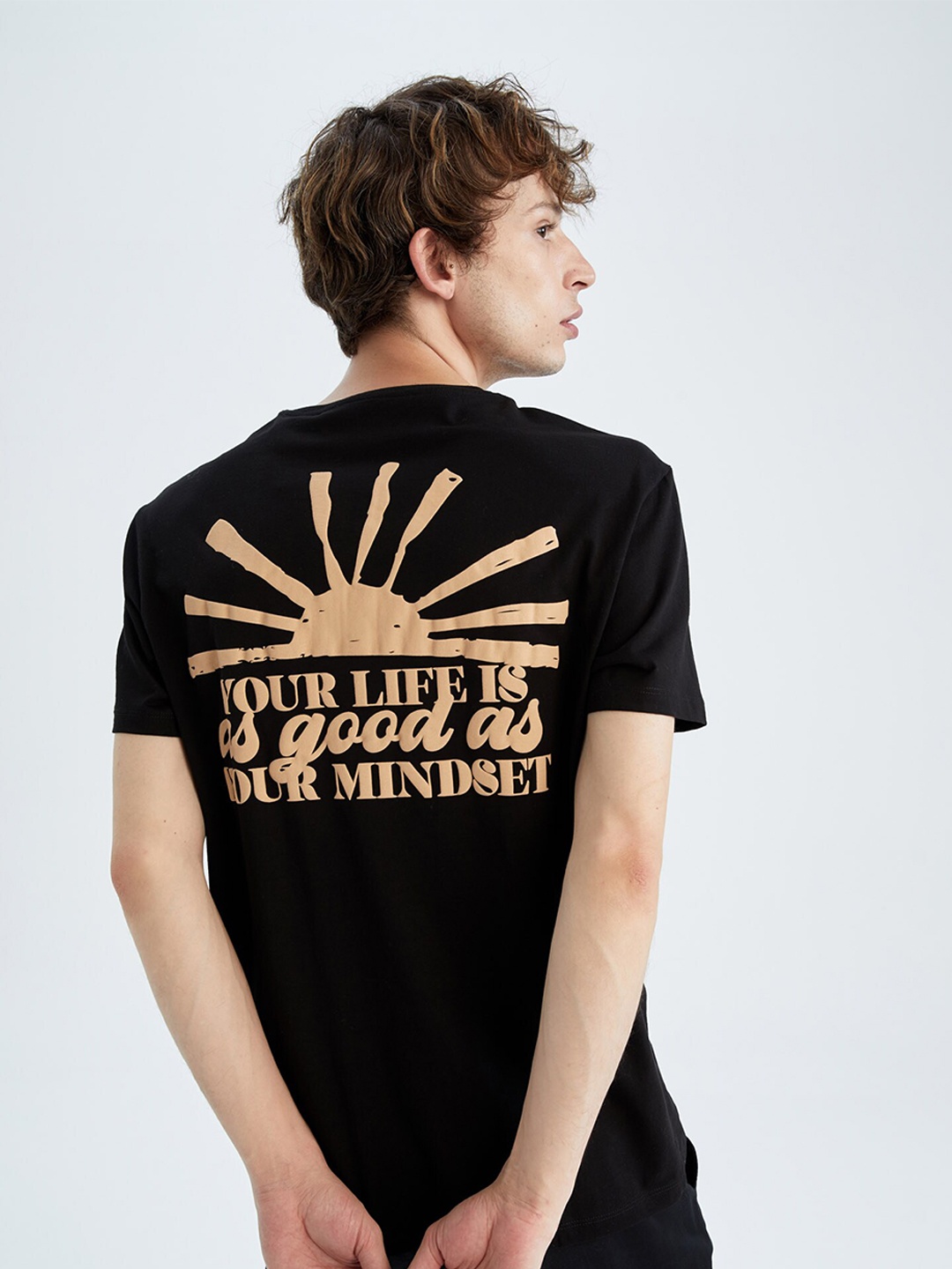 

DeFacto Men Black Typography Printed Pure Cotton T-shirt