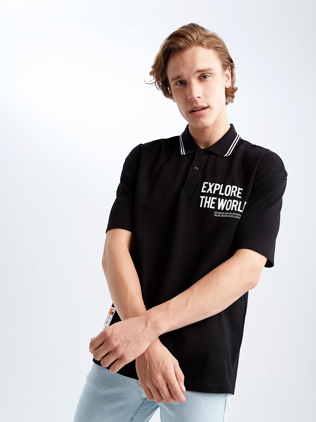 

DeFacto Men Black Typography Printed Polo Collar Pure Cotton T-shirt