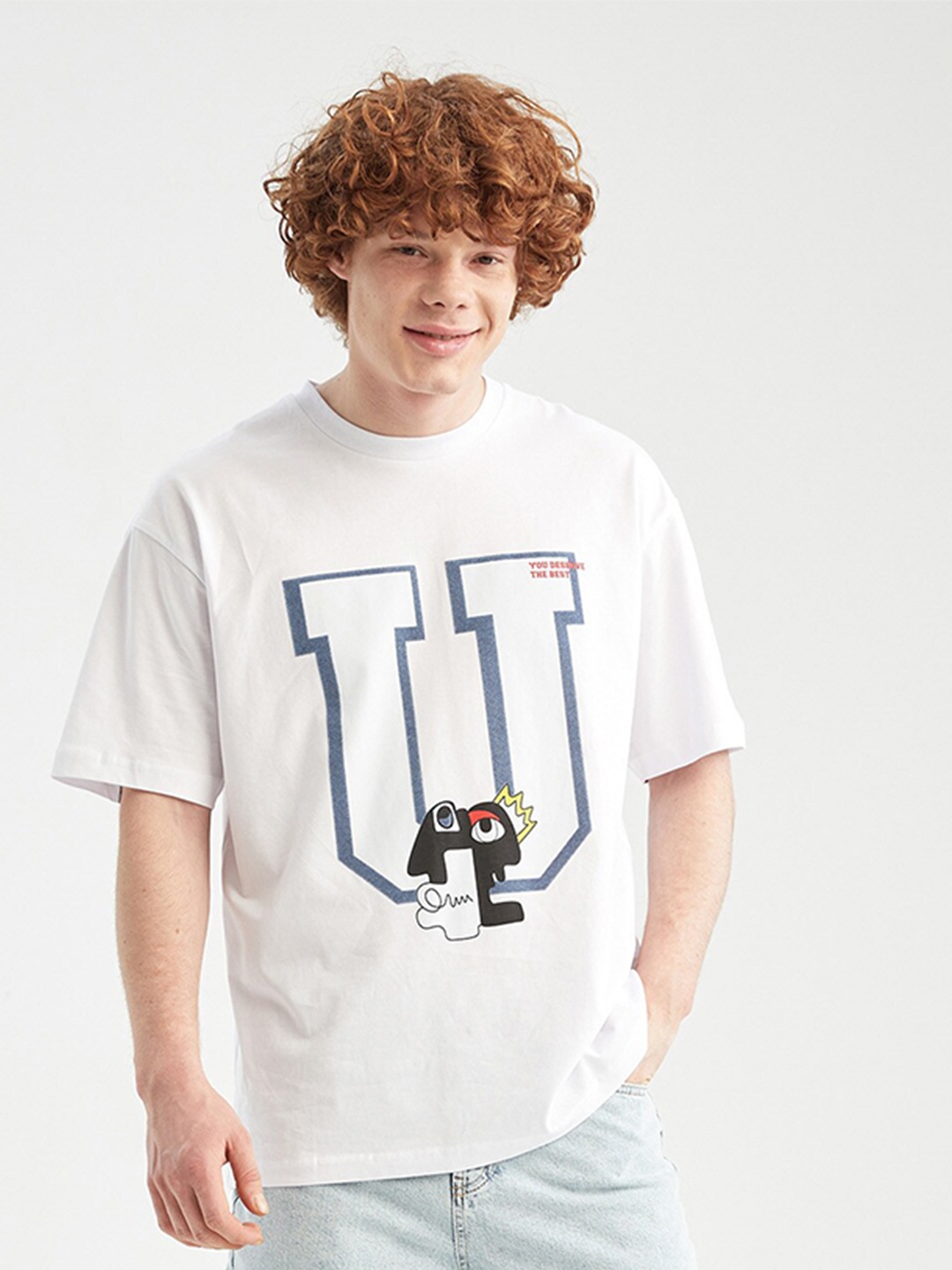 

DeFacto Men White Typography Printed Pure Cotton T-shirt