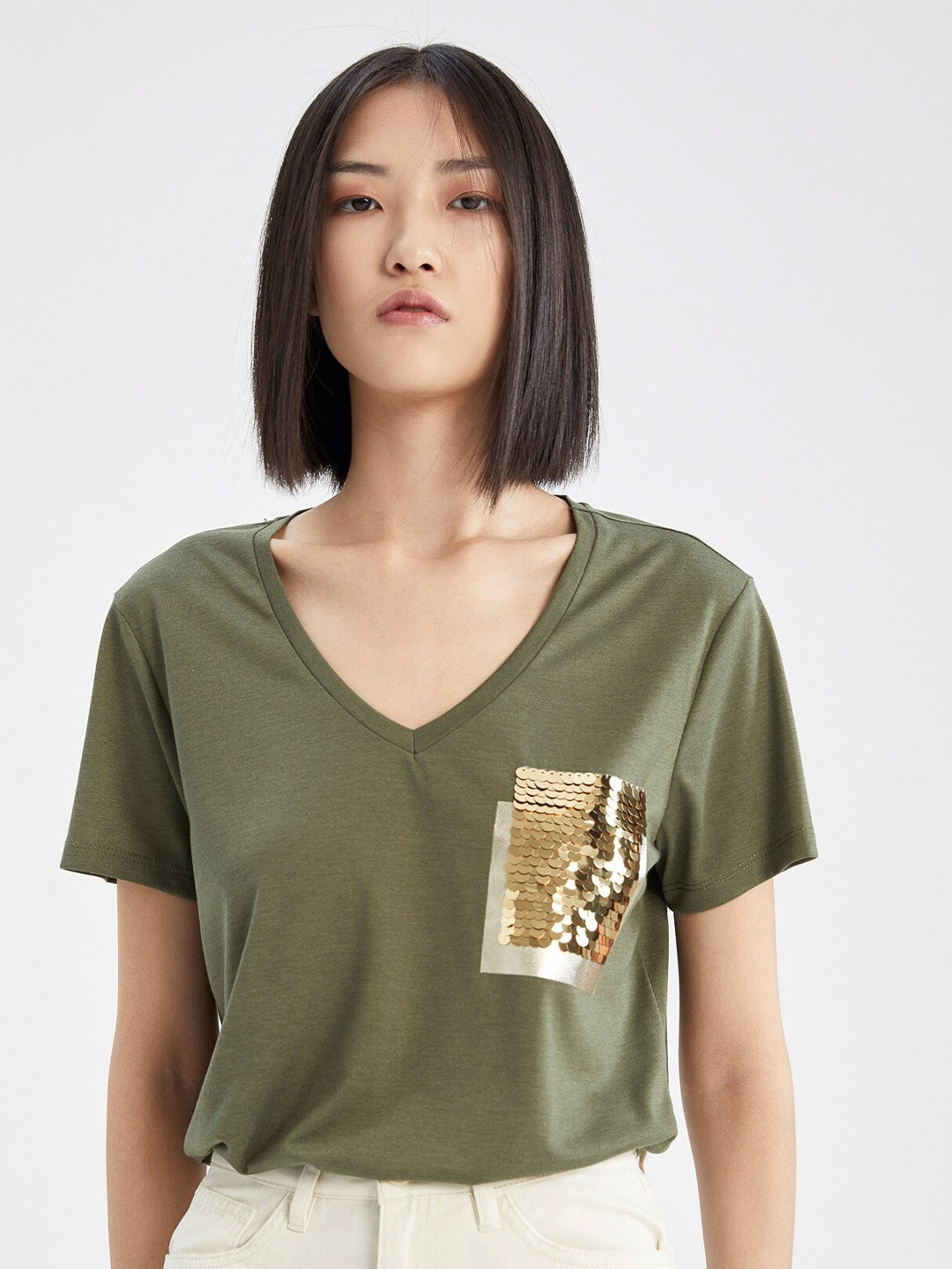 

DeFacto Women Olive Green Embellished V-Neck T-shirt
