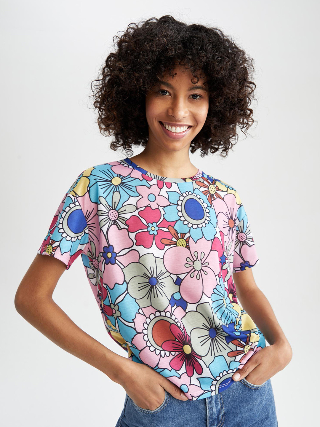 

DeFacto Women Pink & Blue Floral Printed T-shirt