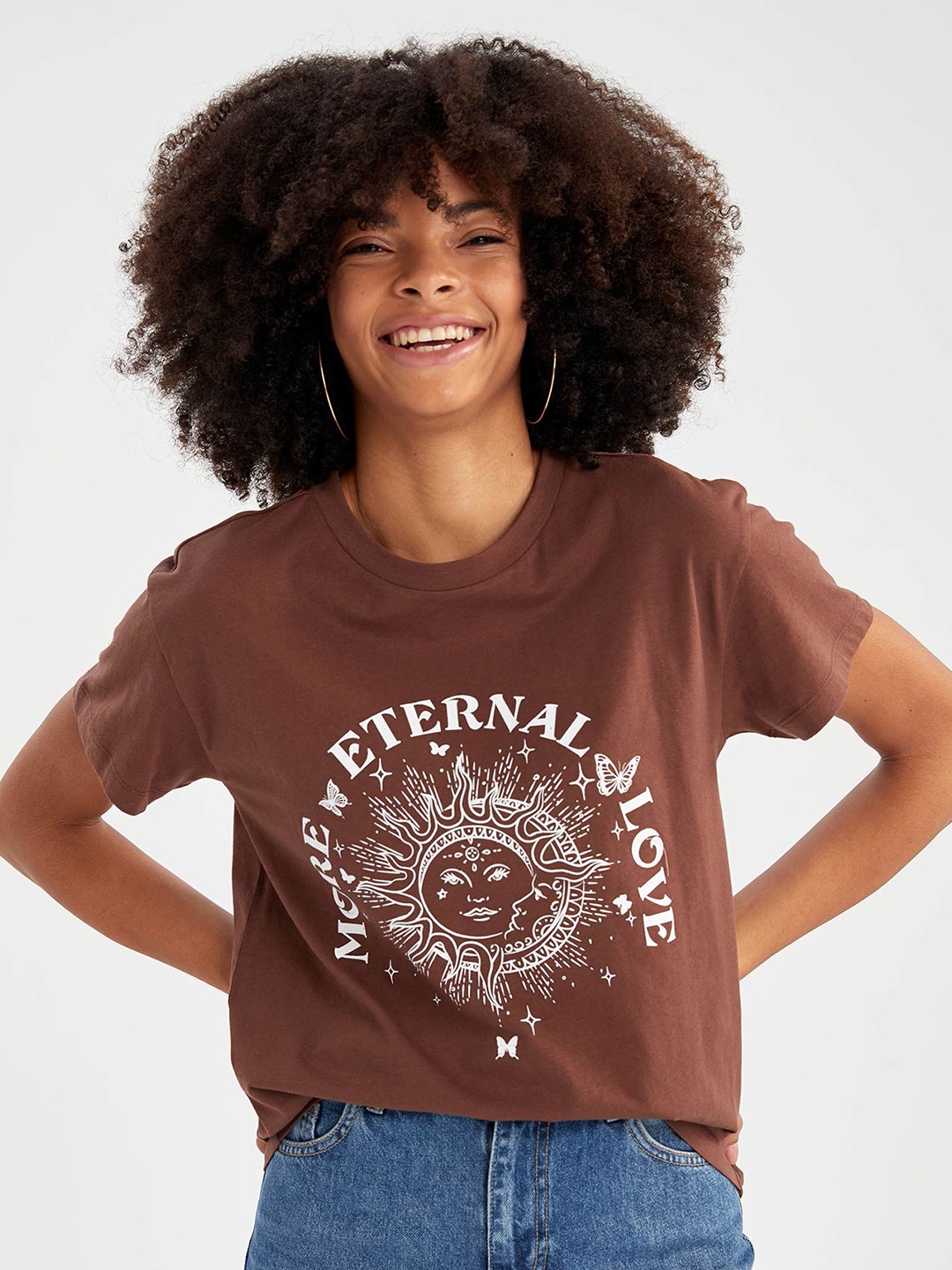 

DeFacto Women Brown Typography Printed Pure Cotton T-shirt