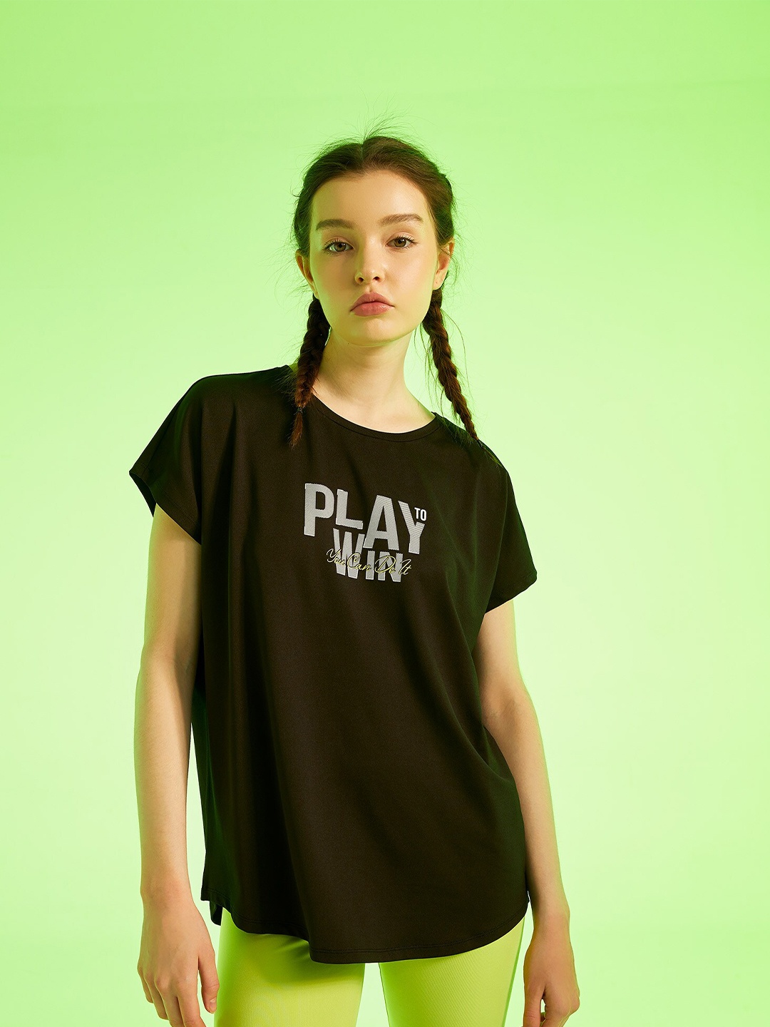 

DeFacto Women Black Typography Printed Extended Sleeves T-shirt