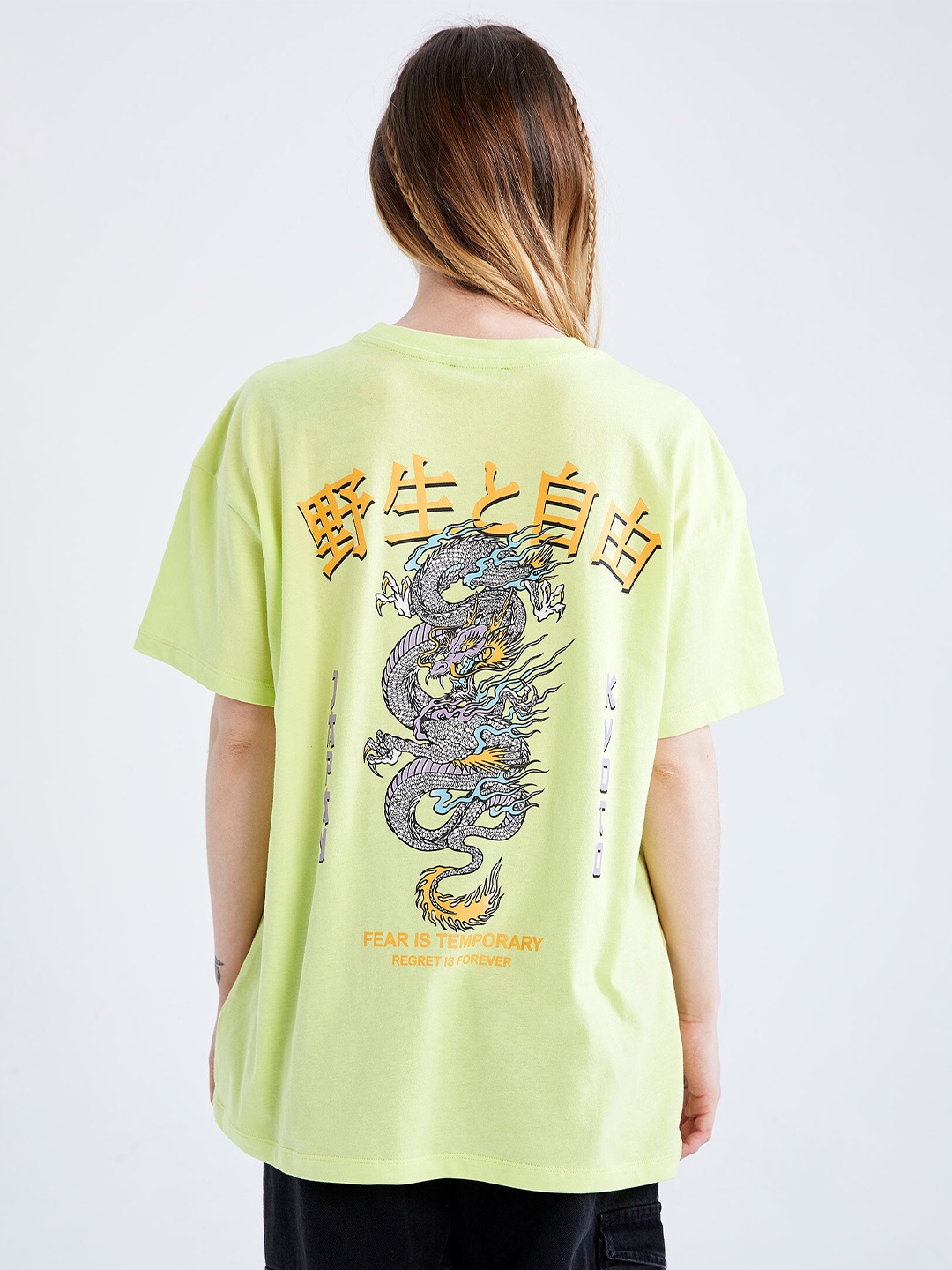 

DeFacto Women Yellow Printed Drop-Shoulder Sleeves Pure Cotton T-shirt
