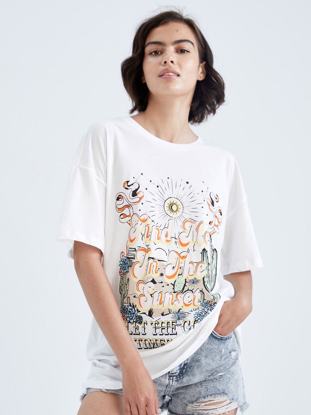 

DeFacto Women Typography Printed Pure Cotton T-shirt, Na
