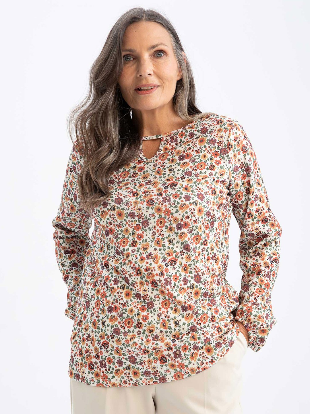 

DeFacto Women Off White Floral Printed T-shirt