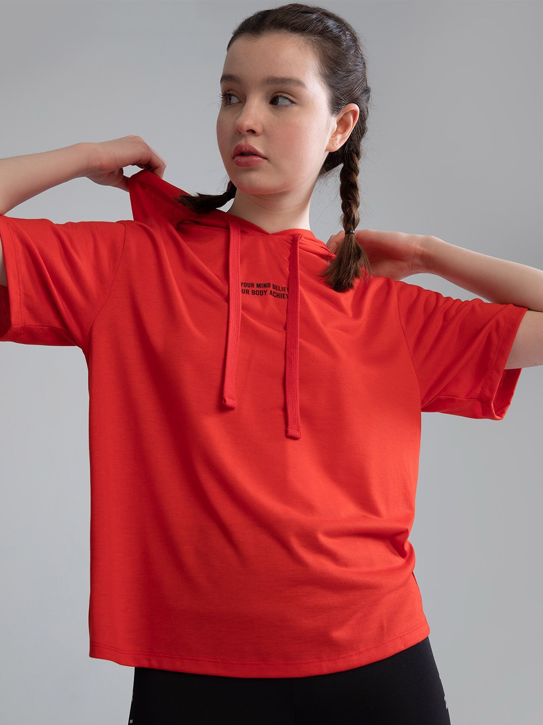 

DeFacto Women Red Solid Hooded T-shirt